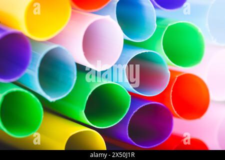 Colorful plastic straws for drinking water, closeup Stock Photo