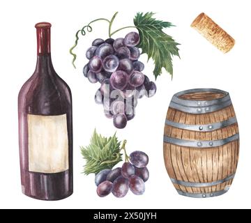 Wine bottle of red wine, barrel, grape. Hand drawn watercolor illustration. Drawing isolated on the white background. Wine set. For menus, bars, resta Stock Photo