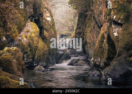 The majestic Fairy Glen waterfall in North Wales near Betws-y-Coed. Stock Photo
