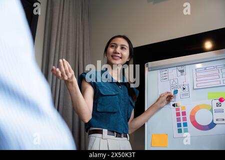ux developer and ui designer presenting and testing mobile app interface design on whiteboard in meeting at modern office. Creative digital Stock Photo