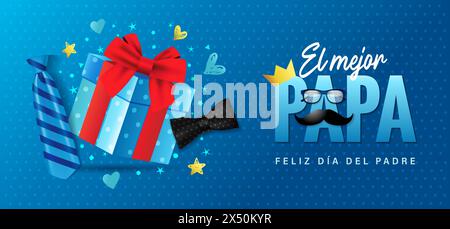 El mejor Papa, feliz Dia del Padre spanish concept with 3d gift box. Translation - Best Dad ever, Happy Fathers Day. Vector illustration Stock Vector