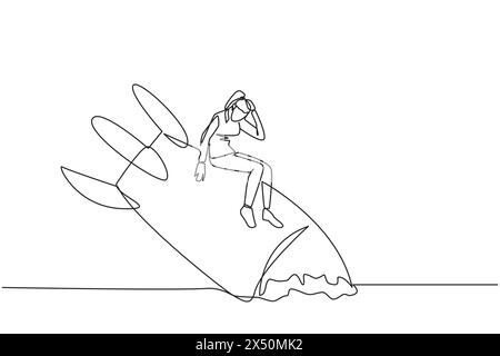 Single one line drawing businesswoman sits downcast on swooping rocket stranded and stuck at ground level. New business was destroyed. Unable to pay b Stock Vector