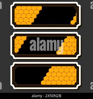 Illustration on theme for label of sugary flowing down honey in honeycomb with bee, label consisting from kit sticky honey at honeycomb off bee, honey Stock Vector
