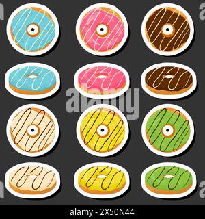 Illustration on theme big set different types sticky donuts, sweet doughnuts various size, donut pattern consisting of collection organic doughnuts fr Stock Vector
