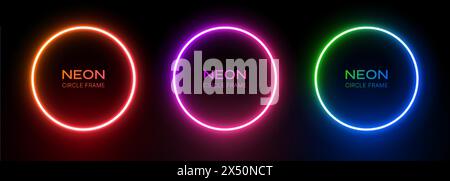 Neon round light. Circle frame with glow on a black background. Led ring gradient orange-red, purple-pink and green-blue colors. 3d laser electric portal. Vector template border for design with text. Stock Vector