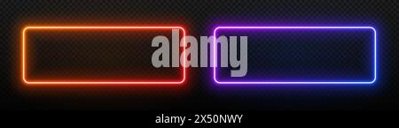 Neon light rectangle frame. Led glow of border. Laser banner with text. Electric fluorescent geometric shape on a black background. Elements for design of signs, parties and buttons. Stock Vector