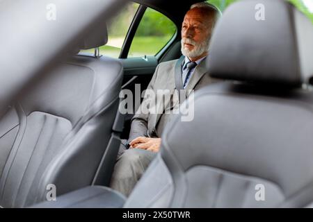 Well-dressed elderly man with a beard smiles contentedly while seated in the back of a modern vehicle Stock Photo
