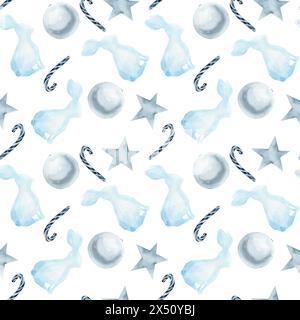 Christmas seamless pattern in monochrome with blue rabbit, candy cane, star and ball watercolor illustrations. Winter background for new year gift Stock Photo