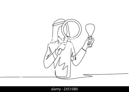 Continuous one line drawing Arabian businessman inspects lightbulb he holds with a magnifier. Analyze existing ideas and select them for new business Stock Vector