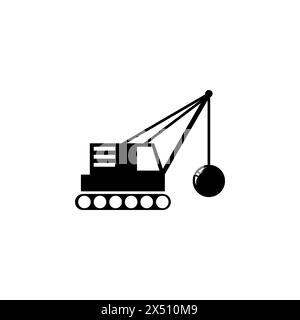 Demolition Building Machine, Crane with Wrecking Ball. Flat Vector Icon illustration Simple black symbol on white background. Demolition Ball Machine Stock Vector