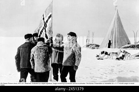 Roald Amundsen. Norwegian polar explorer. 1872-1928. The South Pole Expedition 1910–1912. After sailing through the Northwest Passage with 'Gjøa' in 1903–1906, Amundsen planned an expedition to the North Pole. He was able to borrow Nansen's 'Fram', and equipped it for a North Pole expedition. But after receiving the news that Robert Peary had reached the Pole Point, he chose to bet on the South Pole. Amundsen feared that Nansen would take back 'Fram' if he found out about the changed plans, and therefore only told his brother and the captain of 'Fram', Thorvald Nilsen, that the South Pole was Stock Photo