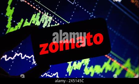 Konskie, Poland - March 17, 2024: Zomato company logo displayed on mobile phone Stock Photo