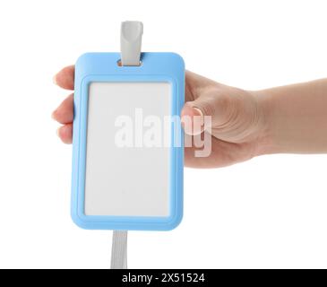 Woman holding blank badge with string on white background Stock Photo ...