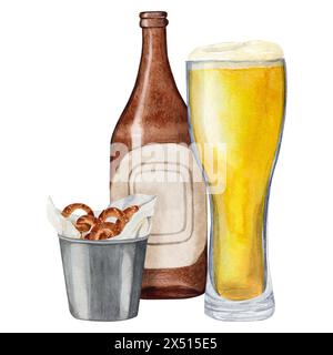 Hand-drawn watercolor illustration empty bottle with glass of beer and snack bucket of pretzels Stock Photo