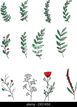 Set of floral elements. Flower red, burgundy, navy blue rose, green leaves. Wedding concept - flowers. Floral poster, invite. Vector arrangements for Stock Vector