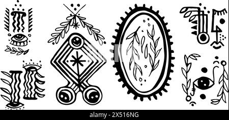 Set of ethnic motif. Collection of geometric ethnic elements. Ethnic ornaments. Aztec signs. Vector illustration on a white background. Stock Vector