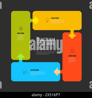 Four content solid filled rectangles with arrows in one big cycle multipurpose infographic on dark gray background with sample content, titles ans sim Stock Vector