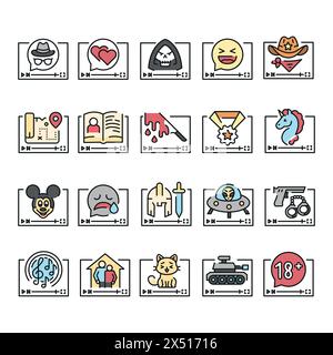 Film genres line black icons set. Signs for web page, mobile app, button, logo. Vector isolated buttons. Editable stroke. Stock Vector