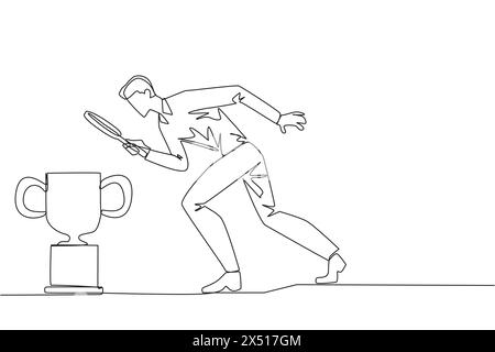 Continuous one line drawing businessman holding magnifying glass looking at trophy. Long journey of running a business pays off by finding trophy as r Stock Vector