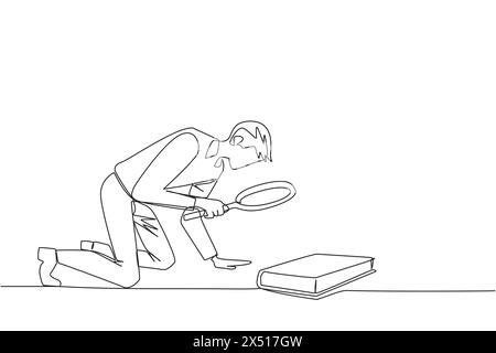 Continuous one line drawing businessman holding magnifying glass looking at book. Looking for knowledge about franchising from a scientific study book Stock Vector