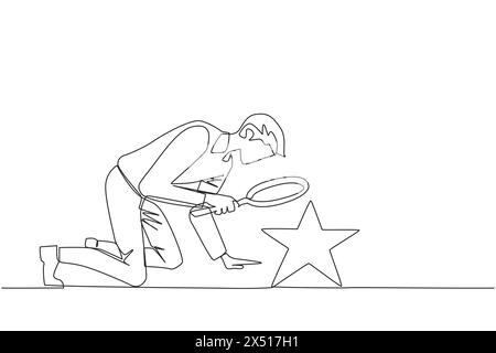 Single continuous line drawing of businessman holds magnifying glass highlighting stars. The high star is the ultimate goal of the business level. Rea Stock Vector