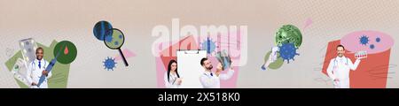 Horizontal image collage of professional doctor exploring virus bacteria sickness isolated on drawing background Stock Photo