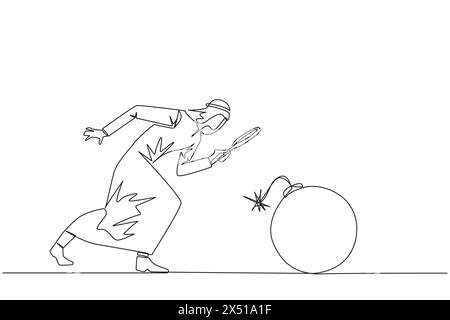 Single continuous line drawing Arabian businessman holding magnifying glass look at large bomb with a burning fuse. Preventing explosions like prevent Stock Vector
