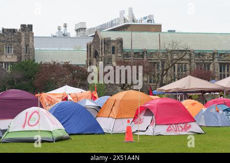 Encampment protest supporting the Palestine cause during the Israel-Hamas conflict in Toronto, Canada - May 5, 2024 Stock Photo