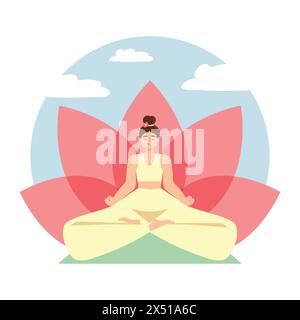 Cute cartoon girl sitting in yoga pose with lotus flower. Meditating and yoga. International yoga day. Female character doing yoga. Vector illustratio Stock Vector