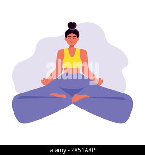 Cute cartoon girl sitting in yoga pose. Meditating and yoga. International yoga day. Female character doing yoga. Vector illustration Stock Vector