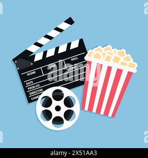 Movie poster template. Cinema background with a film reel, popcorn bucket and clapperboard. Vector illustration in flat style Stock Vector