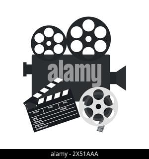 Cinema icons. Video camera, film reel and clapperboard isolated on white background. Vector illustration in flat style Stock Vector