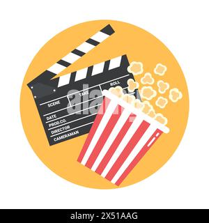 Cinema emblem with an open clapper board and popcorn bucket. Round yellow background. Vector illustration in flat style Stock Vector