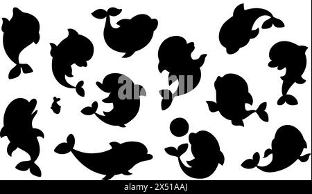 Dolphins silhouettes. Isolated black dolphin silhouette, playing and jumping fish. Underwater animals, stickers templates nowaday vector set Stock Vector