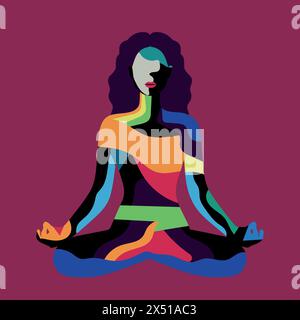 Abstract woman sitting in lotus position. Contemporary concept of meditating girl made of colorful shapes. Female doing yoga and meditating. Vector il Stock Vector