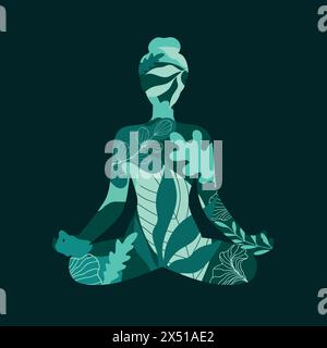 Abstract woman sitting in lotus position. Meditating girl silhouette made of forest plants and leaves. Girl doing yoga and meditating. Vector illustra Stock Vector