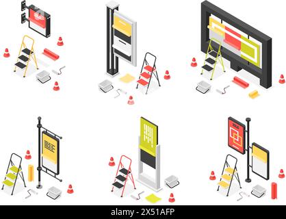 Isometric street billboards. Outdoor advertising billboard and displays with info placards. Ladders, rollers and papers, urban marketing flawless Stock Vector