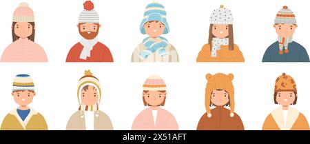People winter portraits. Cute boys girls wear warm hats and scarves. Person in cold weather in scarf and hat. Stylish snugly vector characters Stock Vector