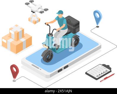 Isometric delivery service. Courier on scooter with parcels. Drone transports boxes, post worker and smartphone. Logistic flawless vector concept Stock Vector