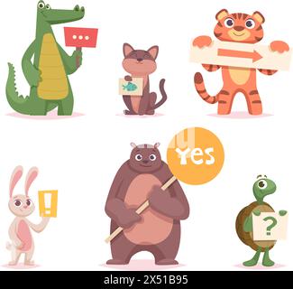 Animals with banners. Cartoon funny animals holding info placard and direction arrows exact vector illustrations set Stock Vector