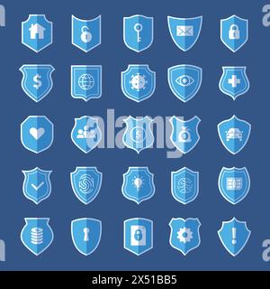 Shield icons. Security systems logo or badges stylized symbols of protection with lock keys recent vector template set Stock Vector