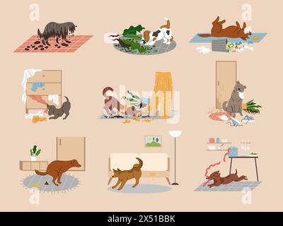 Mess dogs. Domestic animals with behavior interior destroying home furniture recent vector pets making mess Stock Vector