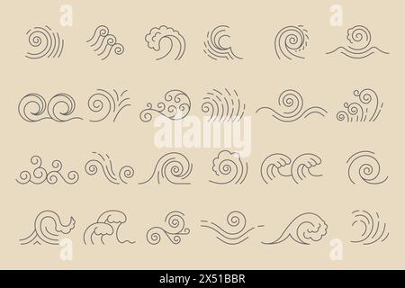 Wave icons. Linear set of abstract liquid waves different shapes recent vector template Stock Vector