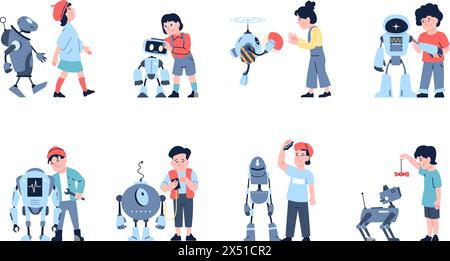 Children and robots. Kids interaction with robot, playing ball, repairing and programming androids or cyborgs. Robotics for toddlers recent vector set Stock Vector