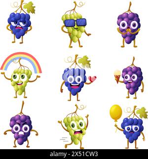 Cartoon grape characters. Different emotions grapes bunches, cute funny mascots. Surprise, angry and happy, various fruits nowaday vector set Stock Vector