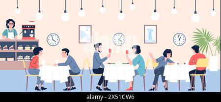 Speed dating. Single people in cafe or bar have first dates on time. Man and woman meeting in restaurant, friendship and relationship, recent vector Stock Vector