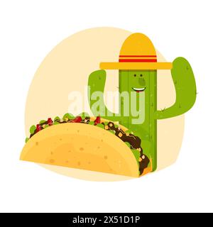 Taco and smiling character cactus in sombrero stock vector illustration isolated on white background. Traditional Mexican meal, fast food. Bright and positive clipart, composition. Stock Vector