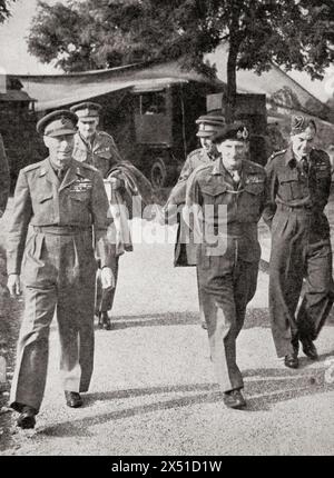 King George VI on his royal tour of the battle areas in Western Europe during WWII, 1944, seen here leaving British headquarters with Field Marshal Montgomery.  George VI, 1895 – 1952. King of the United Kingdom.  Field Marshal Bernard Law Montgomery, 1st Viscount Montgomery of Alamein, 1887 – 1976, aka Monty and The Spartan General.   Senior British Army officer.  From The War in Pictures, Sixth Year. Stock Photo