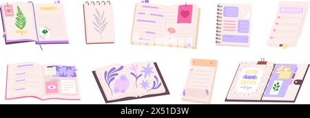 Notebook and diaries. Paper notepads and planners, wish list, notes pages and artbook. Organizers, books for memo and sketches, racy vector set Stock Vector