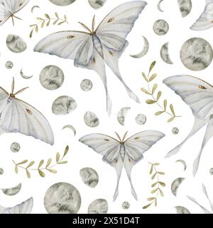 Pattern with moon Moth, luna phases and plants on isolated background. Seamless magical backdrop with mystic insects and celestial objects for fantasy textile design or esoteric wrapping paper. Stock Photo